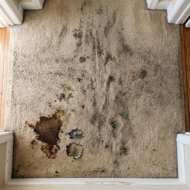 Tapete felpudo de sala antes da higienização, encardido e manchado
