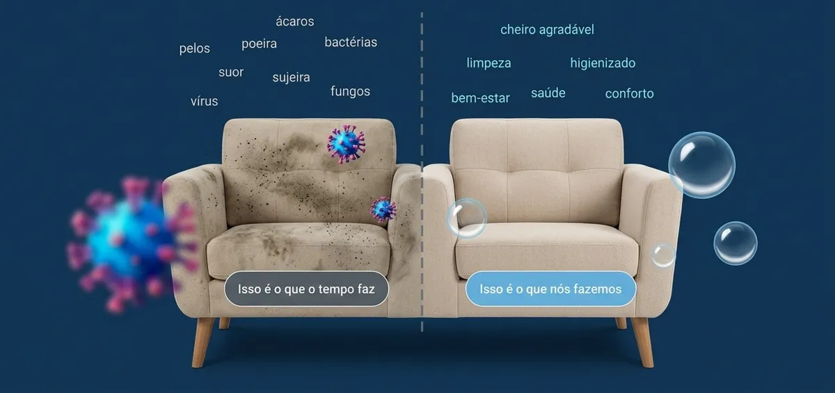 Ilustração de poltrona dividida ao meio: um lado encardido e o outro limpo
