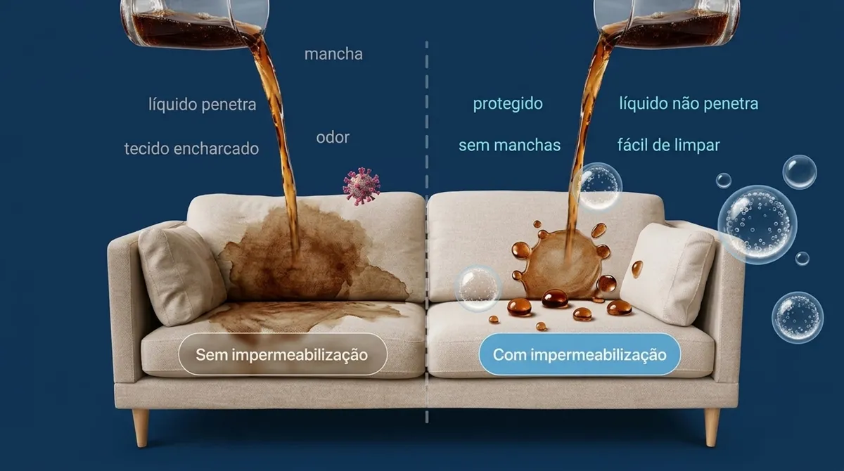 Ilustração de sofá com líquido derramado formando gotas sobre o tecido protegido